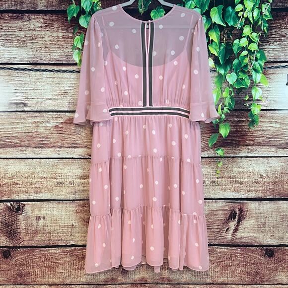 Gal Meets Glam Tiered Polka Dot Dress Midi Size 16P Lined Pink Sheer Sleeves - Picture 1 of 7